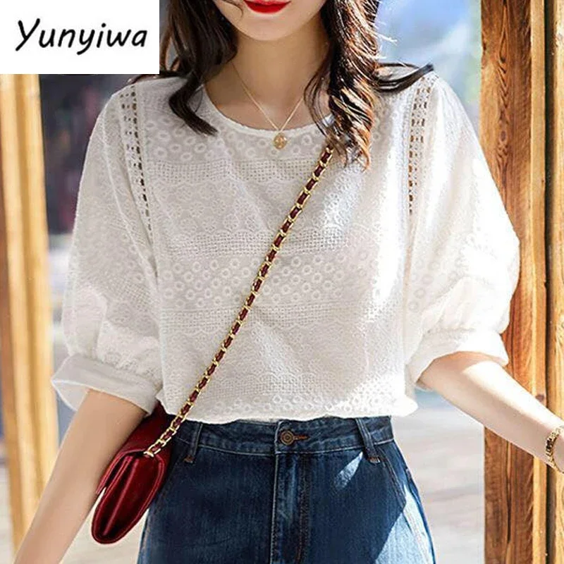 

Summer New Korean Fashion Women's Lantern Sleeve Loose Shirts Embroidery Cotton Lace O-neck Casual Blouses 13440