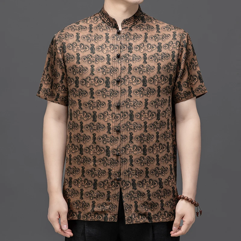 

100% Silk Luxurious Frog Shirts For Men Short Sleeve Stand Collar Summer Quality Gambiered Canton Gauze Casual Camisas De Hombre