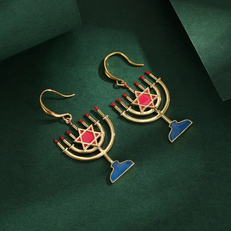

Light Luxury Fashion Enamel Glazed Hexagram Candlestick Shape Dangle Earrings Niche Star Ear Hanging Accessories for Women