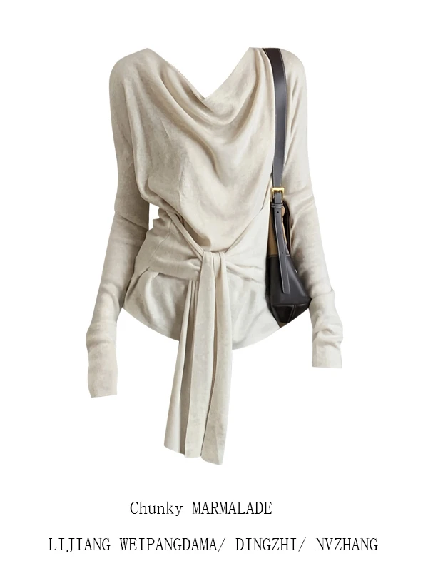 

Женская футболка больших размеров с поясом, длинный рукав, вырез бateau, повседневный стиль, осенний топ, модный и удобный базовый элемент гардероба...