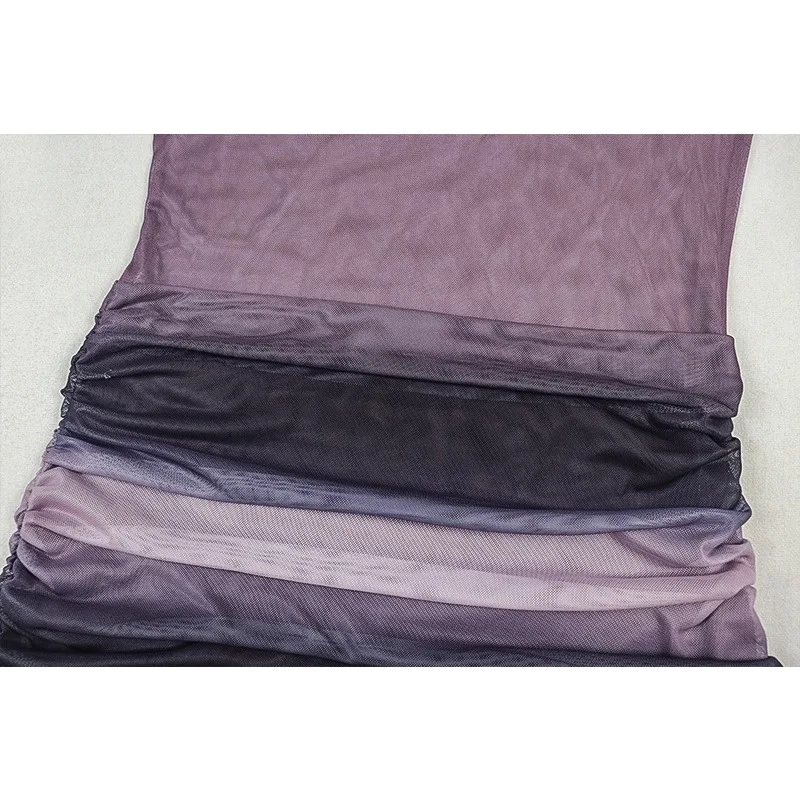 2025 Autumn Mesh Print Gradient Pleat Ribbon Mini Dress Women Stand Collar Full Sleeve Hip Wrapped Elegant Dress Party Clubwear