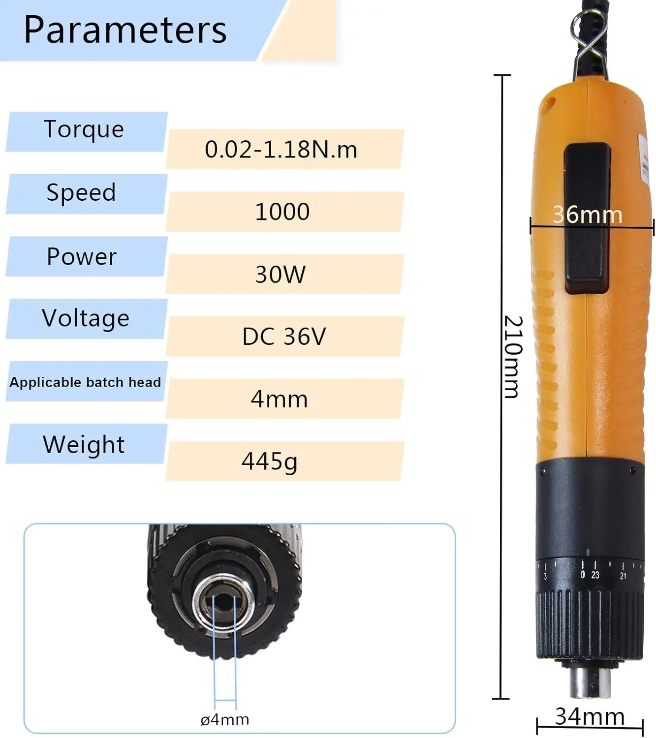 Juegos de destornilladores eléctricos Herramienta de taladro de torsión ajustable Cabezal de lote aplicable 4 mm 110-220 V (BSD-100)