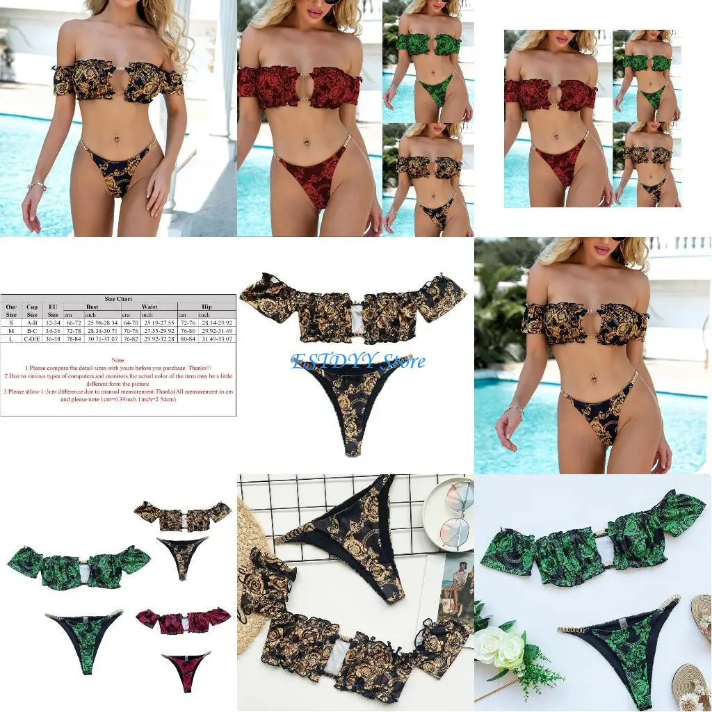 

G6DE Women Sexy 2 Piece Micro Set Short Sleeve Off Shoulder Hollow Out Swimsuit Vintage Floral Printed Metal Suit