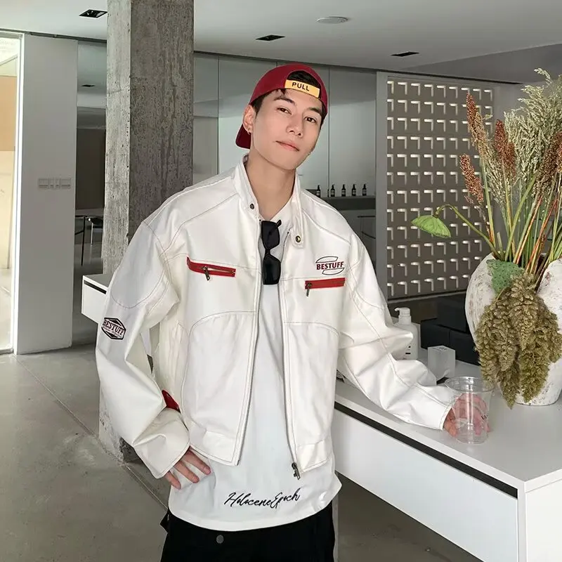 

American Sle ort PU Leather Jaet Men's Faion Street Hiphop Motorcycle Clothes High Sensation Cool Leather Coat