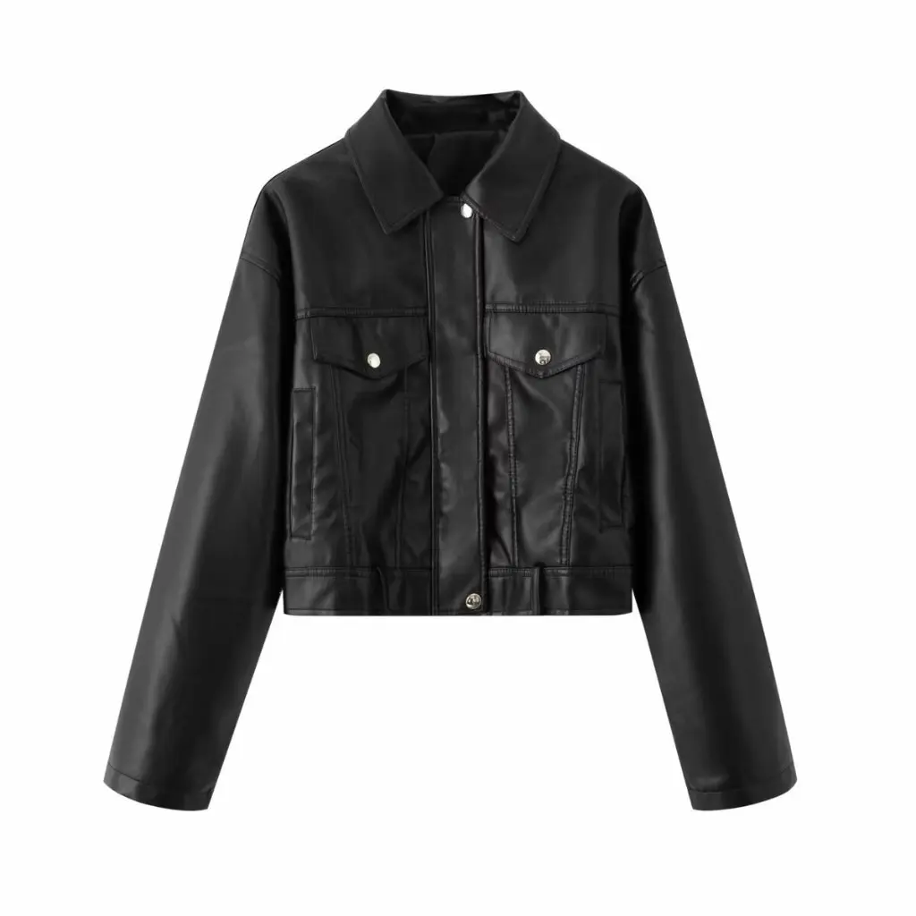 

Women's Fashion Leather Effect Short Flight Jacket Autumn Winter New European American Style Personalized Women's Clothing