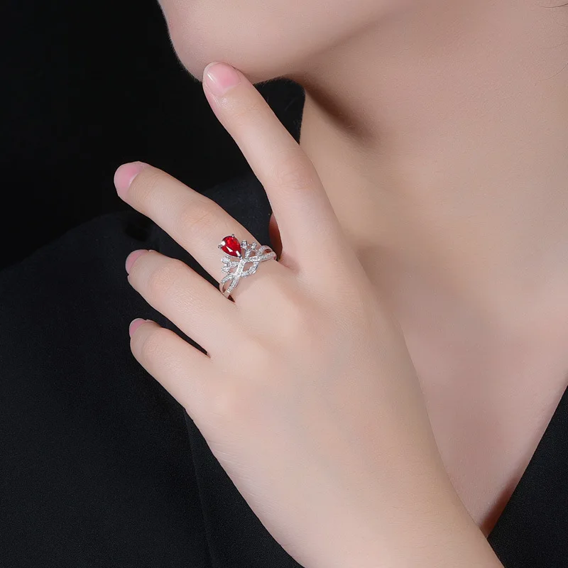 Cross-border AliExpress European and American imitation diamond ring, colored gemstone engagement ring, luxury water drop pear-s