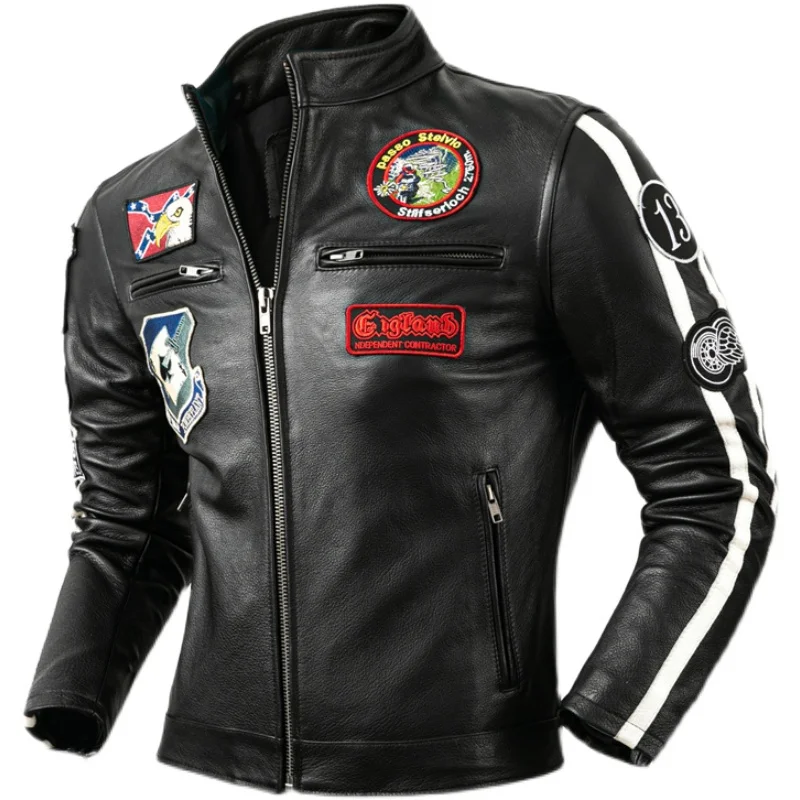 

Motorcycle Rider Jacket Patterns Real Cowhide Genuine Leather Jacket Men Cow Leather Coat Slim Motor Biker Clothing Autumn