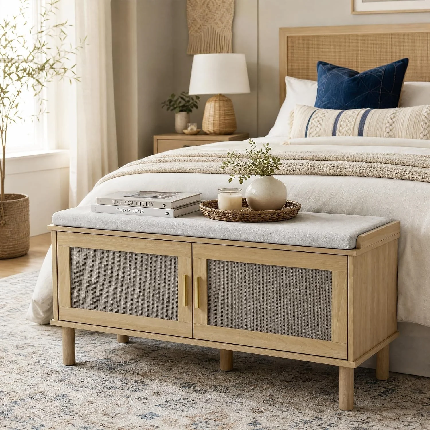 Entryway Entryway Shoe Storage Bench with Cushion - 39 in Mudroom & Hallway Seat - Rattan Storage Cabinet with 2 Doors - Shoe Rack Organizer for Bedroom -Rattan - Aliexpress Deal