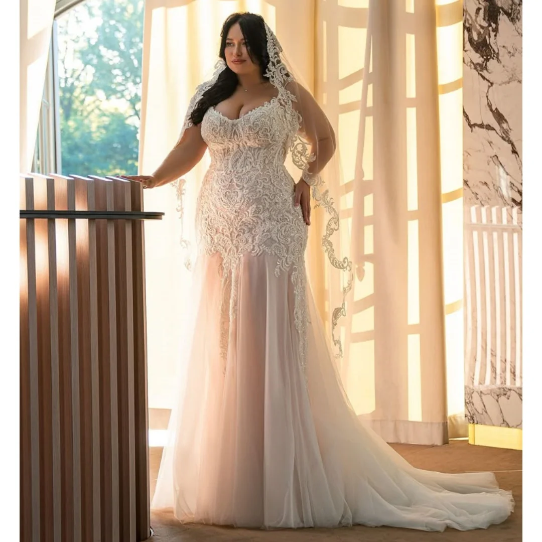 

Plus Size Mermaid Wedding Dresses Lace Appliques Vestido de Novia Slim Fit Reception Gown Customized Robe De Soirée
