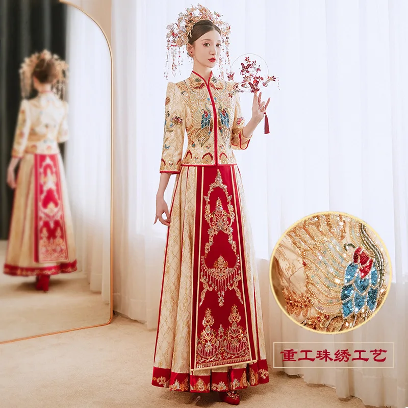 

Champagne Gold Marriage Set Embroidery Bride Bridegroom Costume Oriental Toast Clothing Vintage Lovers Wedding Dress Cheongsam