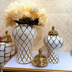 Geometry Gold Diamond Check General Can Ceramic Ginger Jar Flower Vase Porcelain Craftwork Sealed Storage Tank Home Decoration
