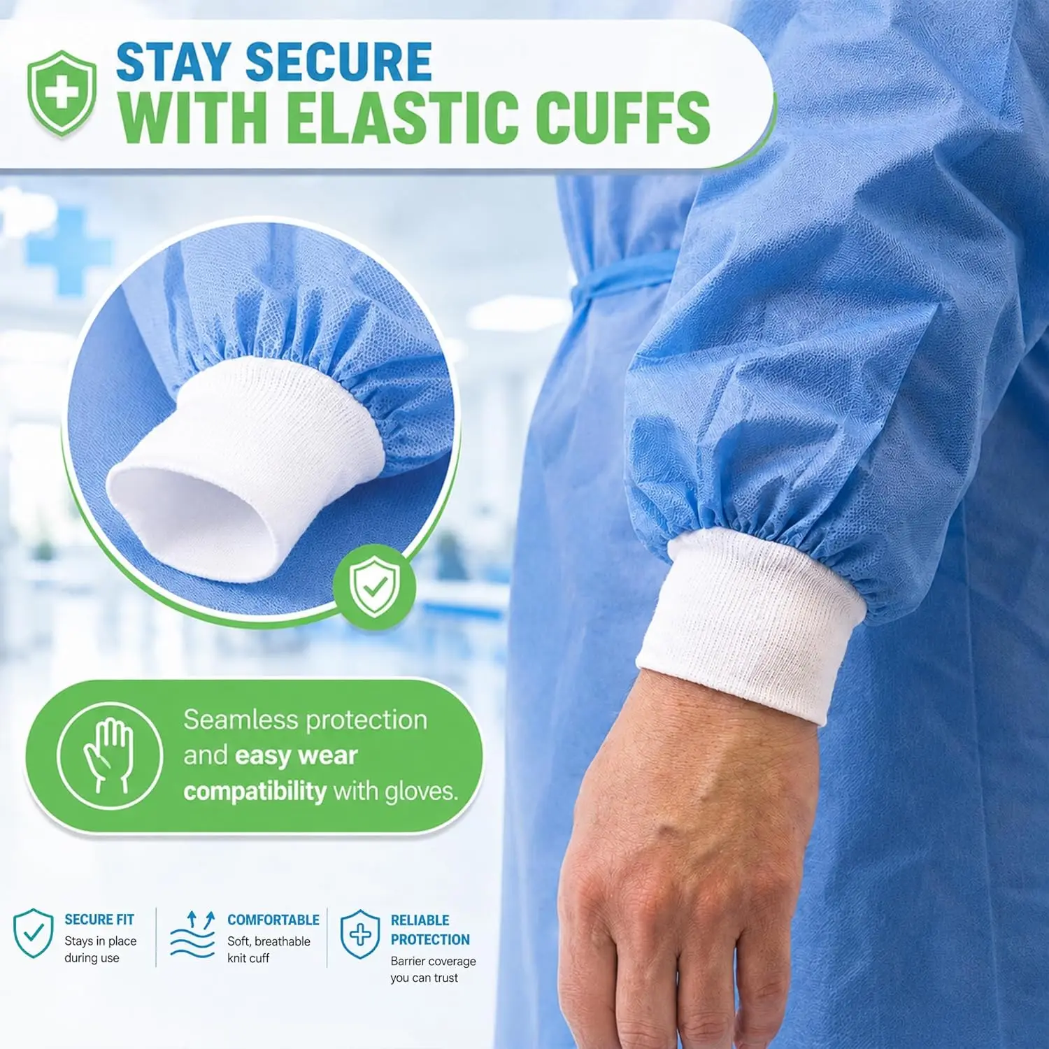 3 Disposable PPE Isolation Medical Gowns– Level 2, Full Back Coverage, Double Tie Closure, SMS 45g Material, Knit Cuffs, Unisex view 3