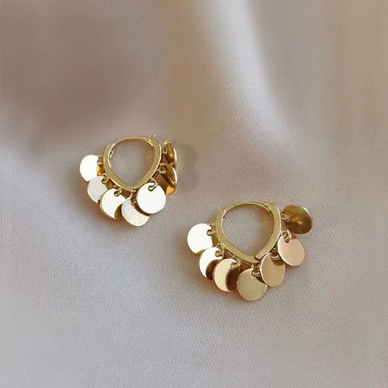 New Design Round Smooth Wafer Long Drop Earrings for Women Fashion Alloy Geometric Gold Color Jewelry Party Birthday Gift