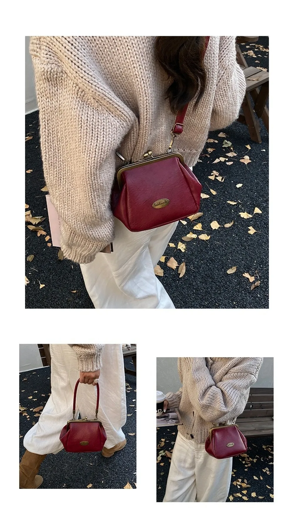 Retro Kiss Lock Umhängetasche aus PU-Leder, einfarbig, kleine Handtasche, großes Fassungsvermögen, Geldbörse mit Metallclip – Detail 2
