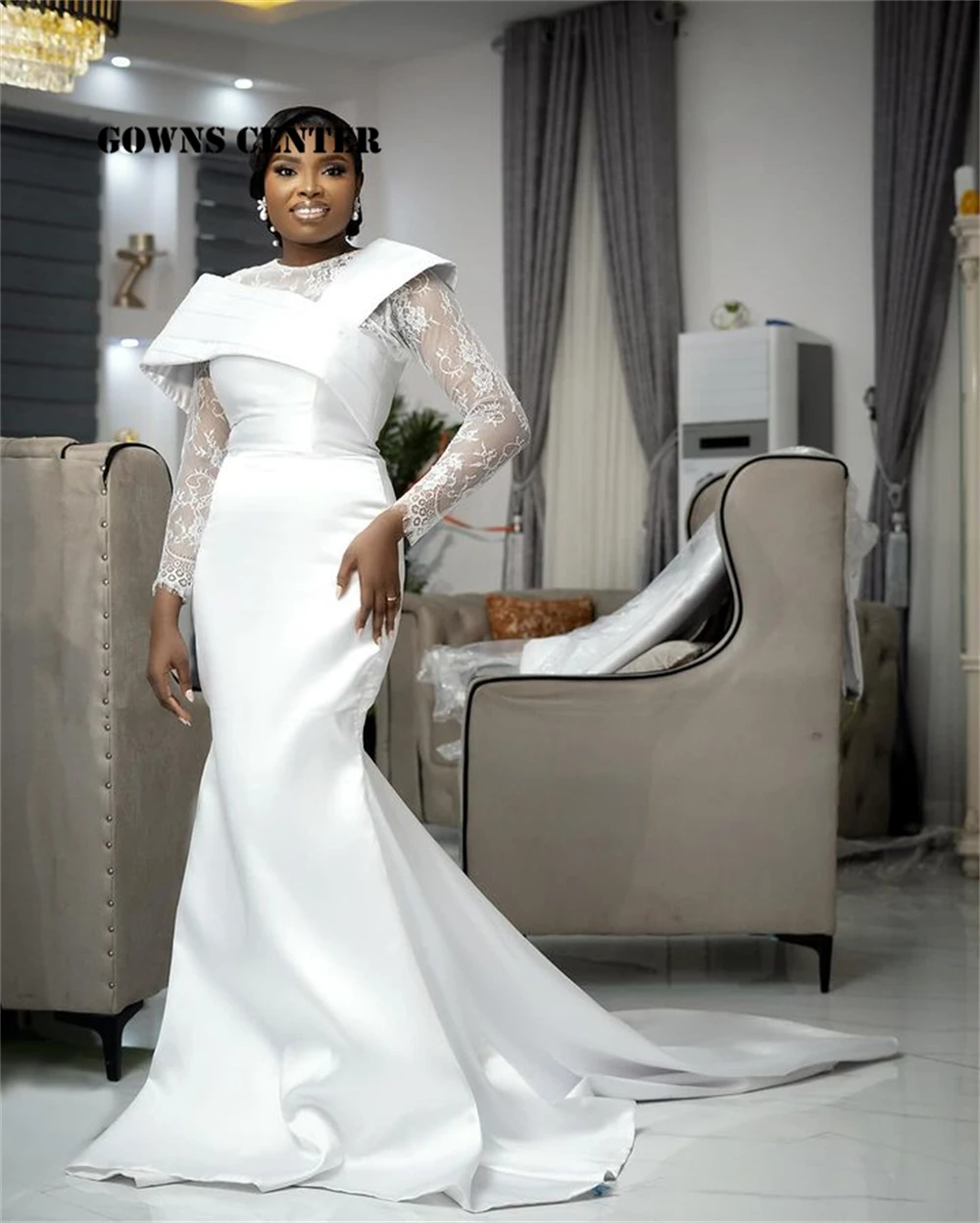 Elegant White Satin Mermaid Lace Long Sleeve African Mermaid Wedding Dress For Women 2024 Aso Ebi Bridal Dresses gala Customized