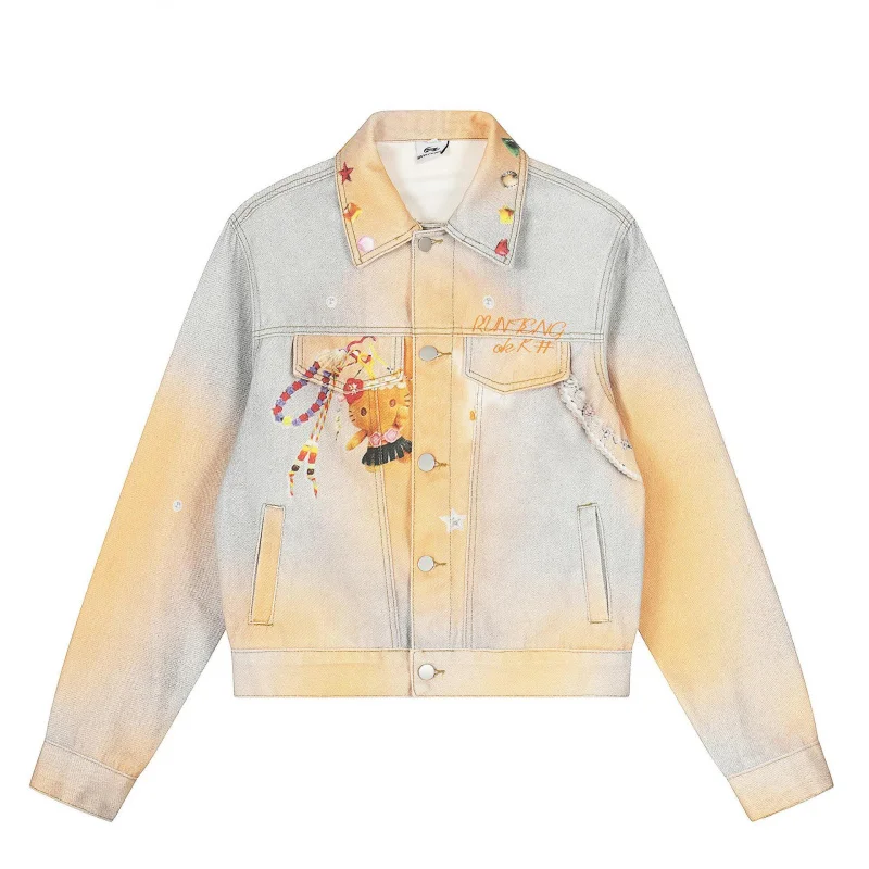 

HELLOMARCEL EU US Size Top Quality Street Outdoor Wear Trend Retro Design Tie-Dye Jean Jacket Unisex Loose Yellow Denim Jacket