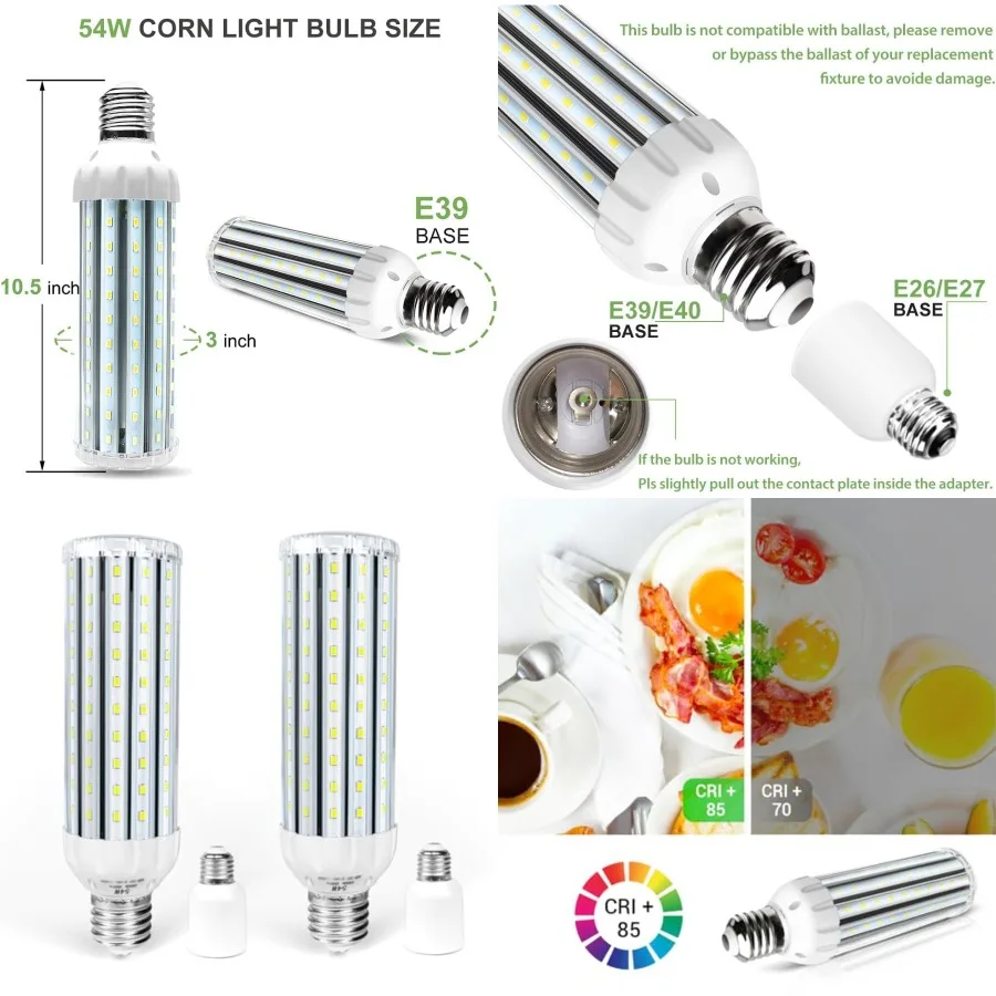 Super Bright 54W LED Corn Light Bulb, E26/E39 Large Mogul Base, 6500K Daylight White, 400 Watt Equivalent for Indoor Large Area