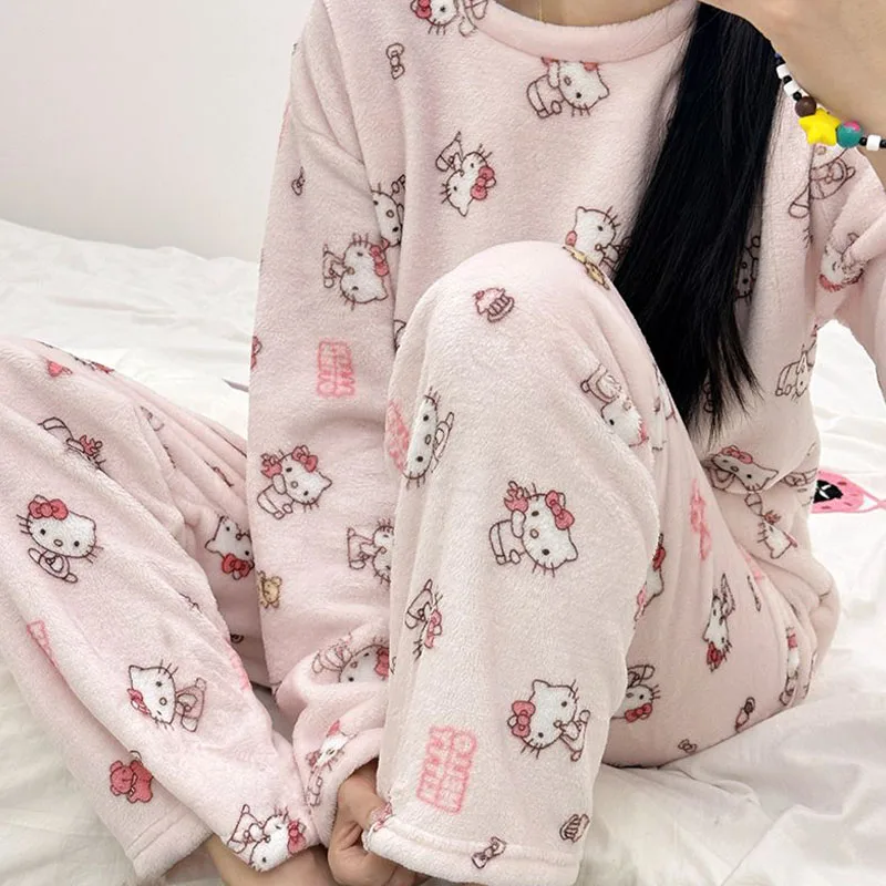アニメハローキティ女性のパジャマ冬漫画フランネルパジャマパンツセットかわいい女の子カジュアルラウンジウェアソフトで快適