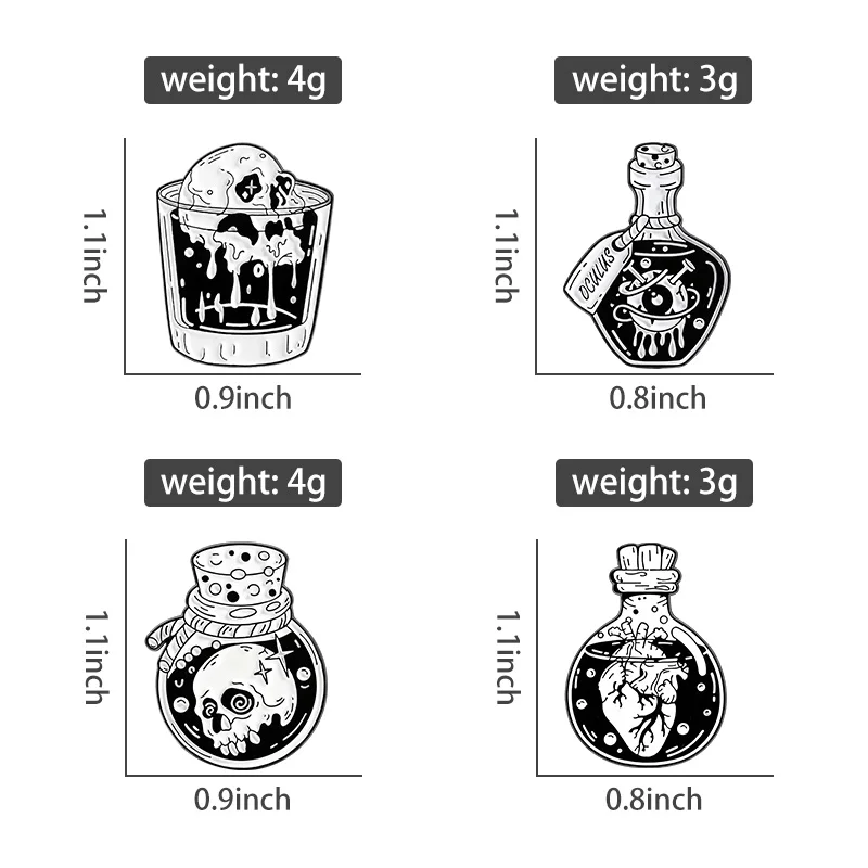 عصير أسود المينا دبابيس الهيكل العظمي مقلة العين جرعة القلب بروش شارة ظهره التلبيب دبوس الشرير الأسود اكسسوارات هدية للأصدقاء