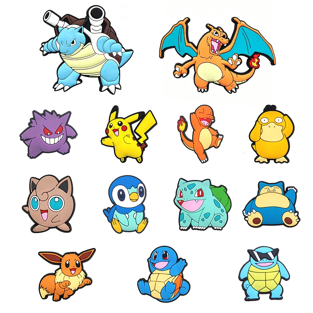 2/13 Stück große Pokémon-Schuhanhänger mit Squirtle und Pikachu für Slides-Sandalen, PVC-Schuhdekorationen, Zubehör als Geburtstagsgeschenk
