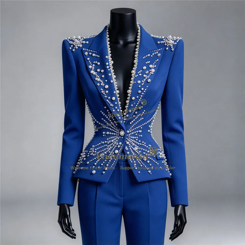 Pink Women Suit Set 2 Piece Pearls Blazer+Trousers Luxury Formal Office Lady Jacket Customized Prom Wedding Guest Mother Outfits - view 2
