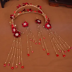 Chinese Red Flower Long Tassel Headband Earrings Set Handmade Traditional Gold Color Headwear Bridal Headdress Hair Accessories
