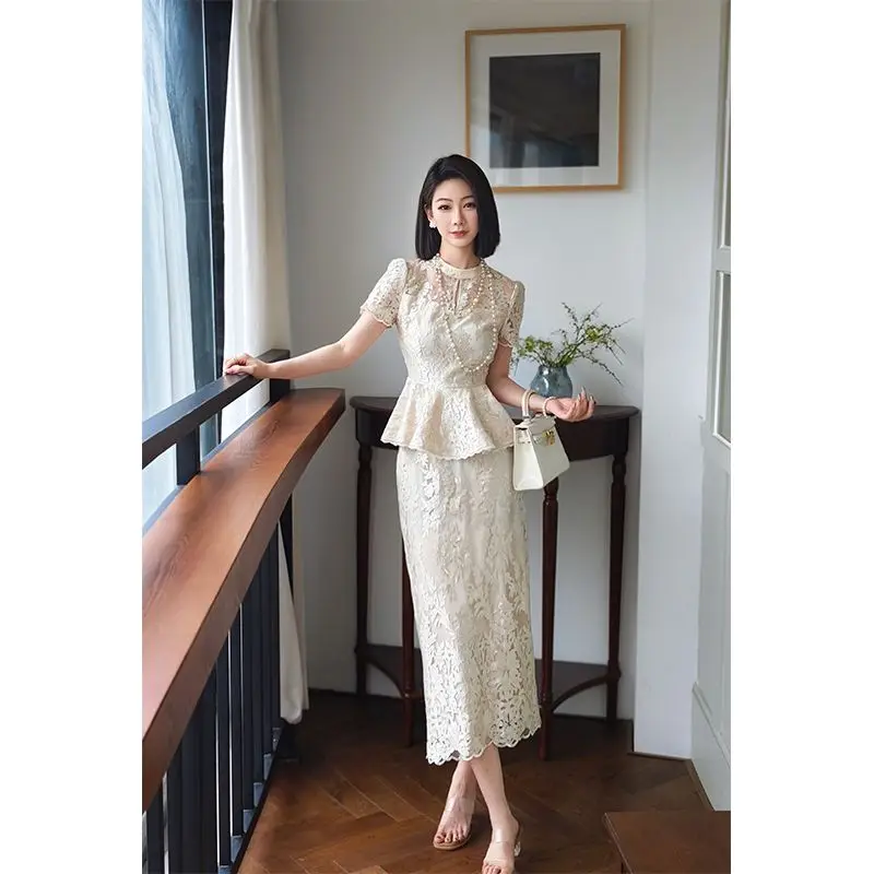 2 Pieces Set , Spring Summer Women Short Sleeve Office Lady Beige Lace Patchwork Slim Elegant Skirt Sets, Woman Ruffles Skirts