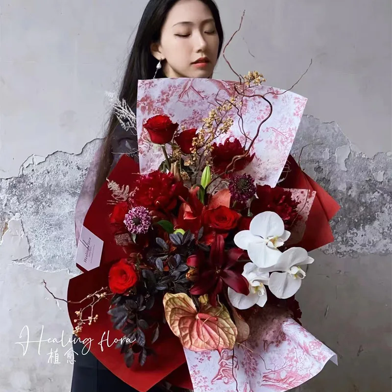 European Style Retro Kraft Paper Net Red Flower Bouquet Packaging Paper Flower Art Bag Flower Shop Material Decorative Paper