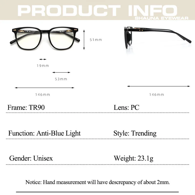 SHAUNA خمر TR90 النساء مكافحة الضوء الأزرق إطارات النظارات Ins شعبية المسامير الرجال مربع الإطارات البصرية #5