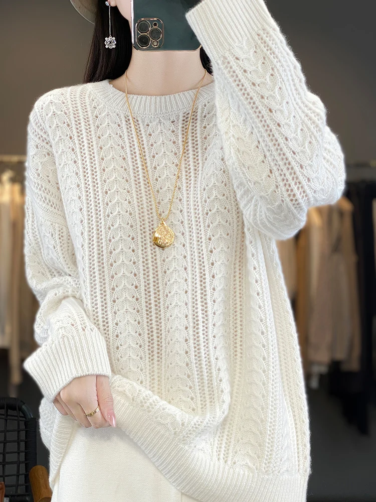 

New O-Neck Twisted Flower Stripe Hollow Out Long Sleeved Loose Pullover Knitting 100% Wool Women's Sweater High-Quality Tops