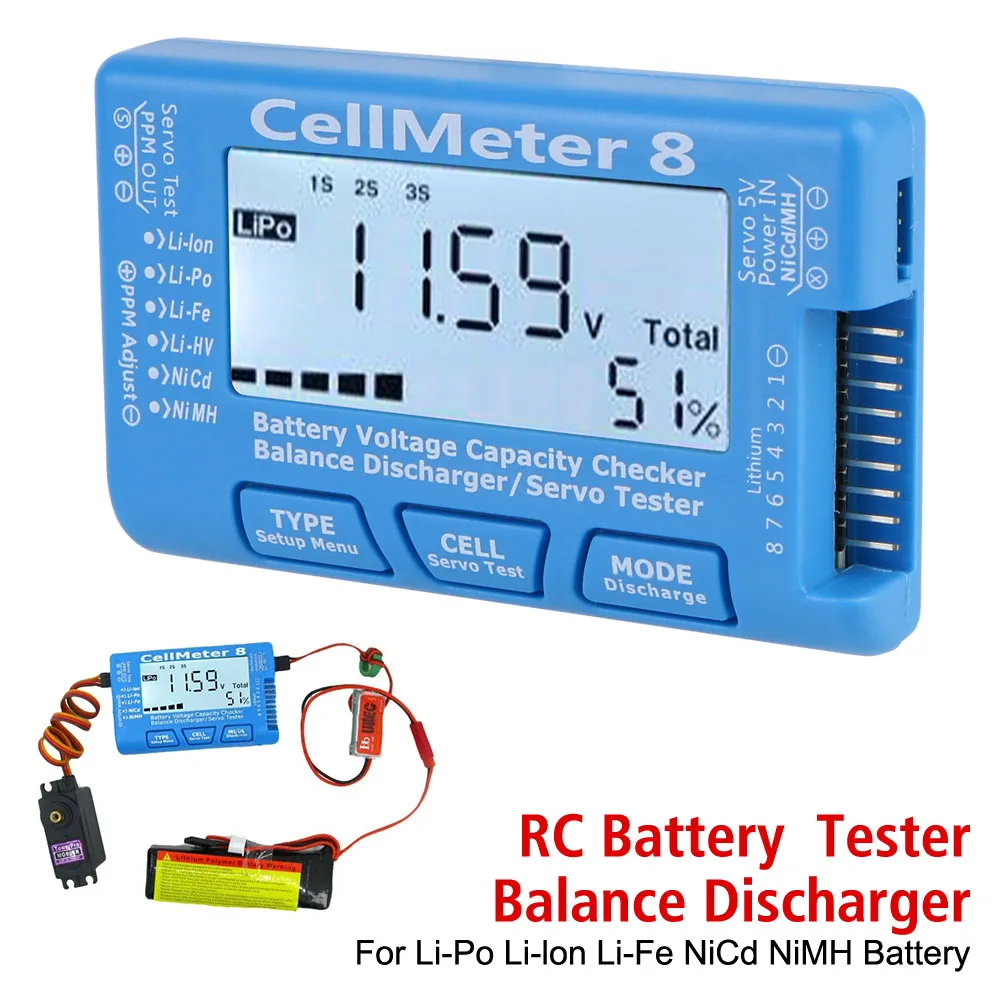 Battery Voltage Tester 2-8S Battery Discharge Device Digital Battery Capacity Checker RC CellMeter 8