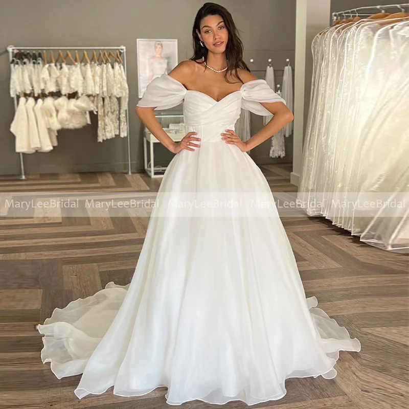 

Свадебное платье принцессы с открытыми плечами по индивидуальному заказу, белое, цвета слоновой кости, плиссированное, из органзы, свадебные платья с длинным шлейфом, церковные платья de novia