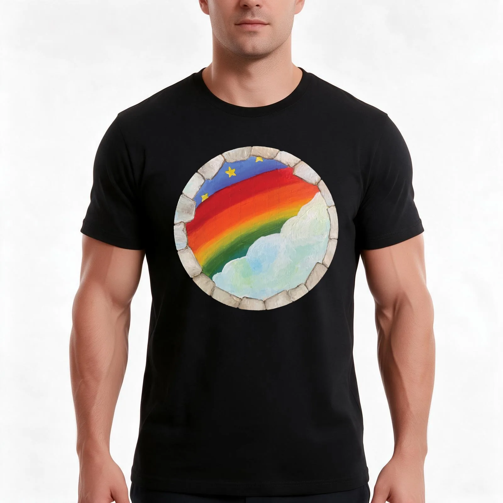 Twilight Rainbow T-Shirt, Summer Casual Cotton Tee, Oversized Streetwear Tops, Vintage Graphic Print, Loose Fit Short Sleeve