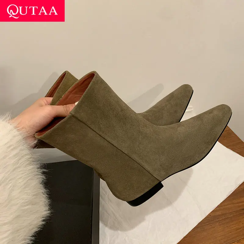

QUTAA 2026 Fashion Women Ankle Boots Genuine Leather Woman Shoes Pointed Toe Short Boots Low Heel Autumn Winter Boots 34-40