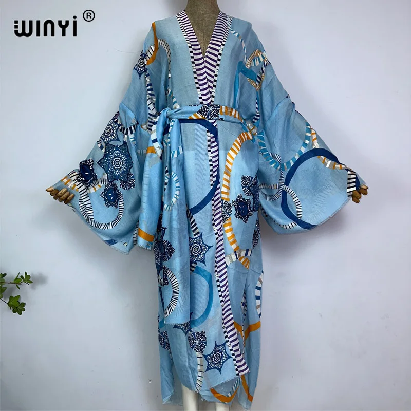 WINYI Kimono Bohemian bronzing print Bikini Cover-ups Elegant Self Belted Dress Women Summer Dress beach outfits for women robe