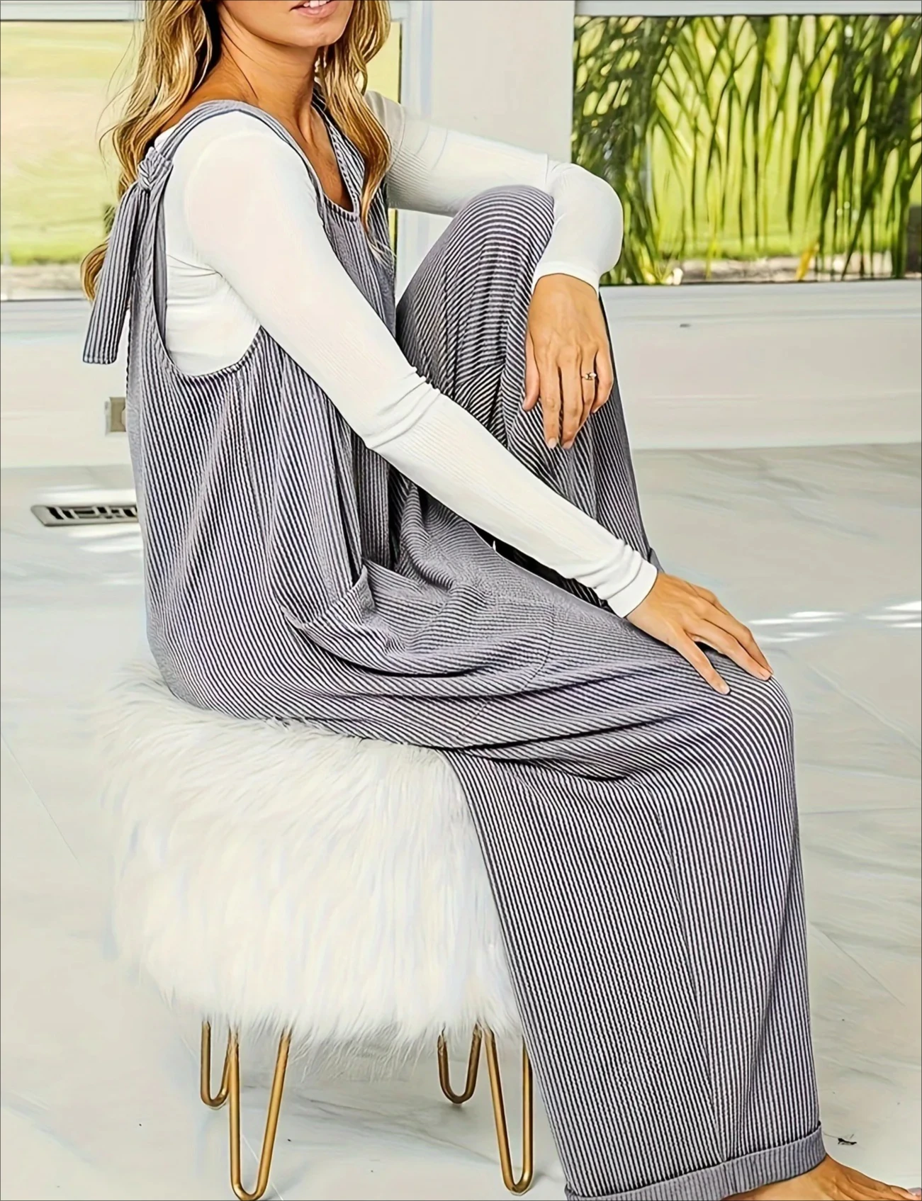 Mono sin mangas con cuello en V de color sólido para mujer, informal, suelto, pierna recta, pierna ancha