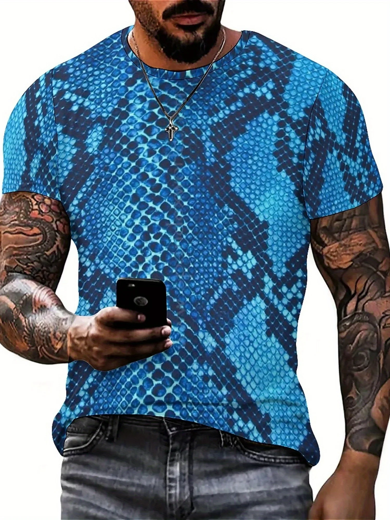 Men'S Plus Size 3D Snake Print T-Shirt - Soft, Comfortable Polyester Fabric, Short Sleeve Crew Neck