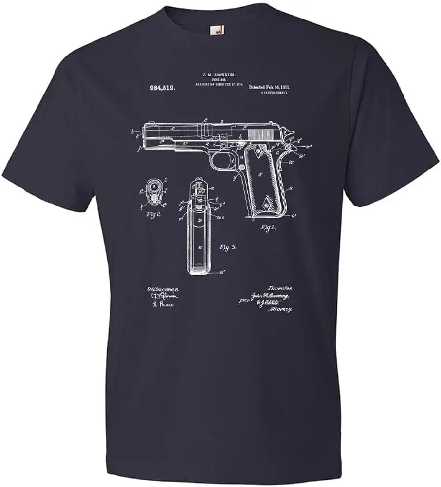 M1911 Pistol Patent Gun Collector Gift, Gun Club T-Shirt 100% Cotton O-Neck Summer Short Sleeve Casual Mens T-shirt Size S-3XL