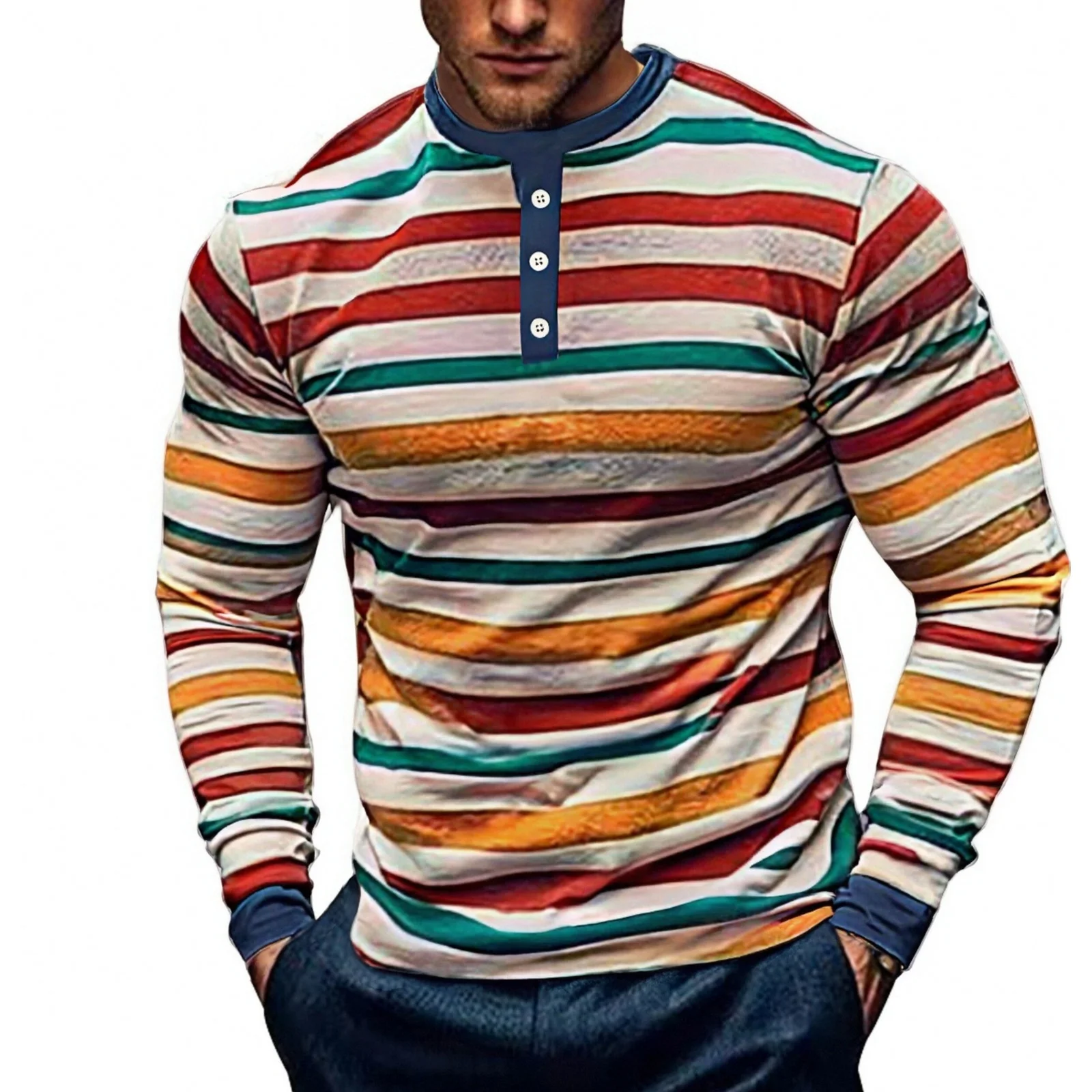 

3D Printed Coloured Stripe Henley T-Shirts For Men Fashion Simple Design Long Sleeve Tops Autumn Outdoor Comfortable Men Clothes