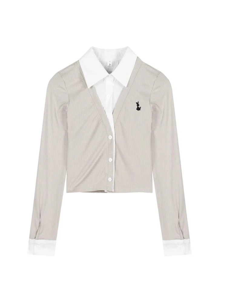  Collar Embroidered Long Sve Knitted Open Cardigan Women's Slim Fit ort Sle Fake Two-Piece Top Ci Walk Commute S...