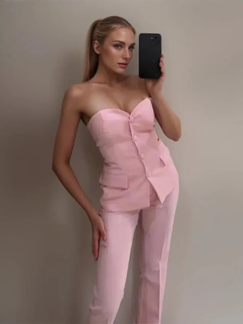 

2024 New Fashion Pants Suit Spring Summer Button Strapless Vest Tops with Straight Split Pants Women Two-piece Sets Elegant