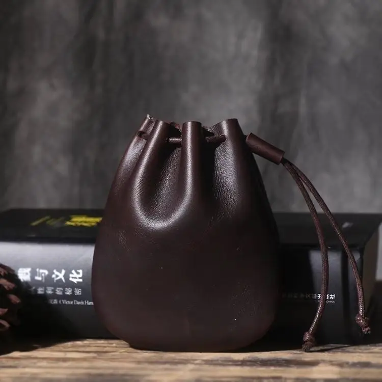 Drawstring Coin Storage Bag Handmade Genuine Leather Unisex Coin Purse Cow Leather Coins Money Pocket Retro Wallet Bags