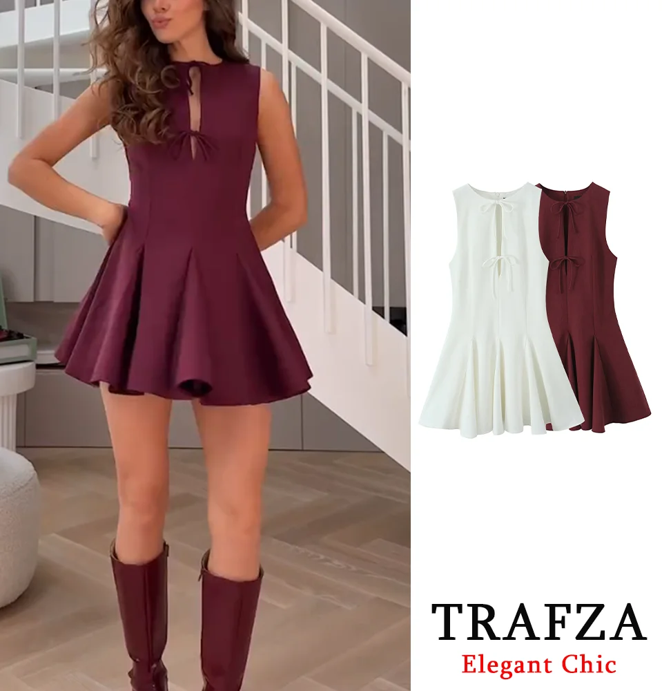 TRAFZA Frauen Sexy Bogen Plissee Kleid Ärmellose Spitze-up Mini Kleid Neue 2025, Mode Sommer Romantische Einfache Ferien Kleid