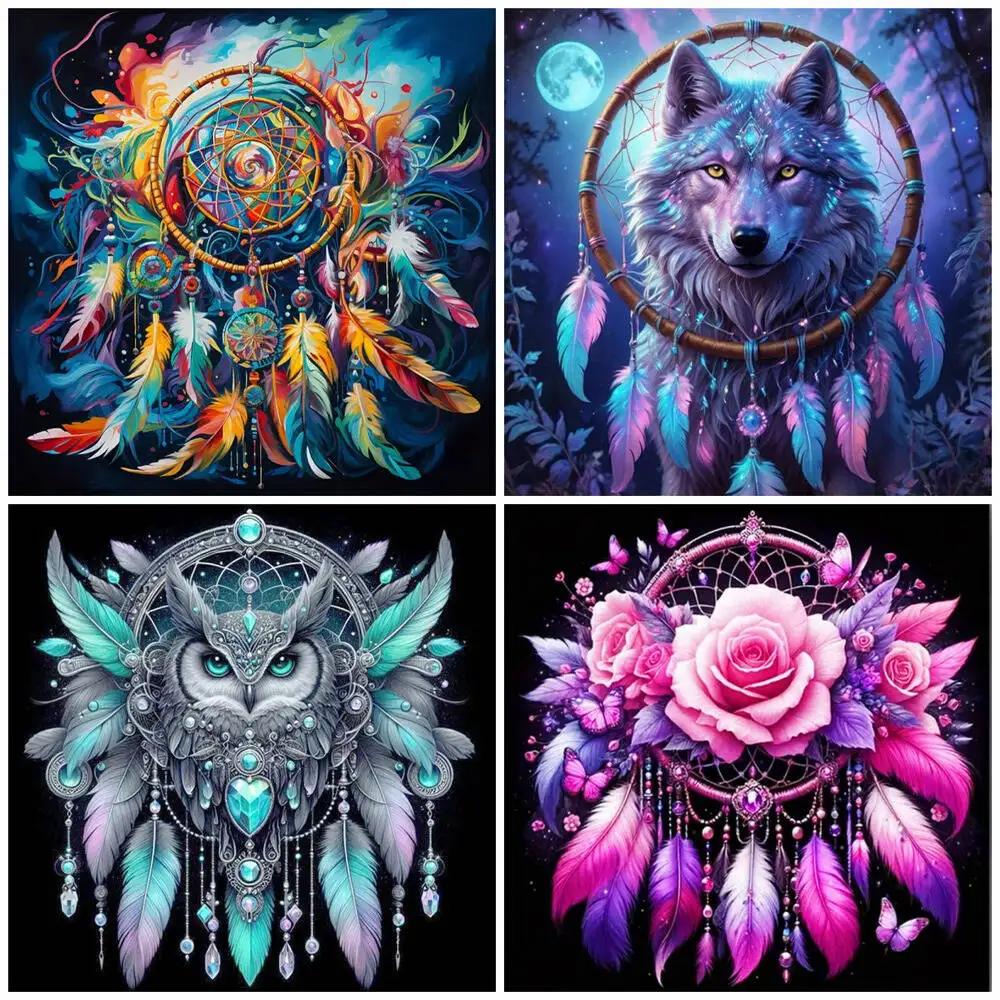HUACAN Owl Diamond Mosaic Dreamcatcher Diamond Painting Animal Full Square Round Drill Embroidery Cartoon Bedroom Decoration