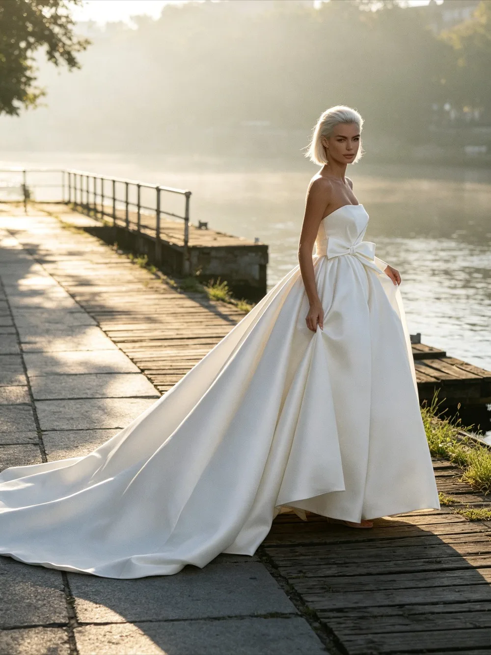 Customized 2026 Strapless Satin Wedding Dress with Bow Details Suitable for Elegant Strapless Pleated Voluminous Bridal Gown