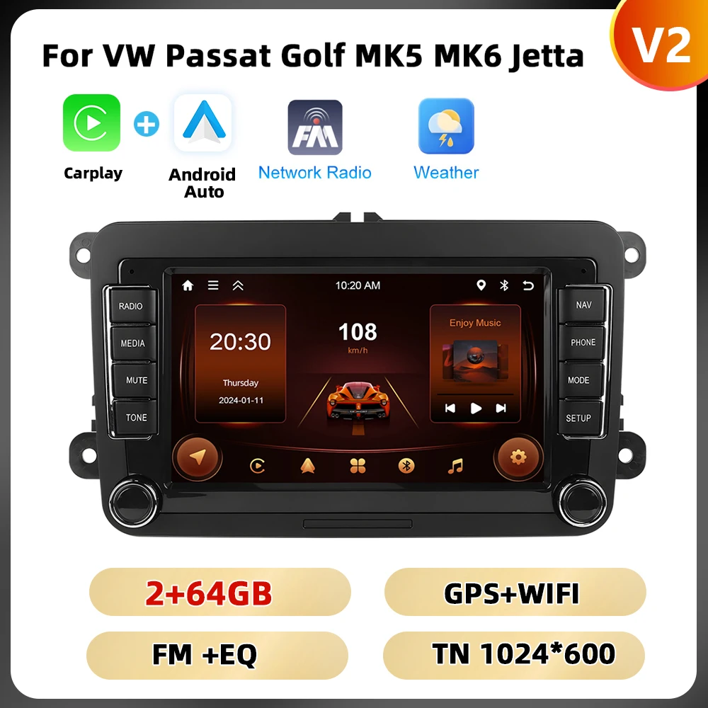 Podofo 7 '8 + 128G Autoradio Voor Vw/Passat/Touran/Golf/Polo Multimediaspeler 8Core Carplay Android Auto Gps Navigatie Wifi 4G