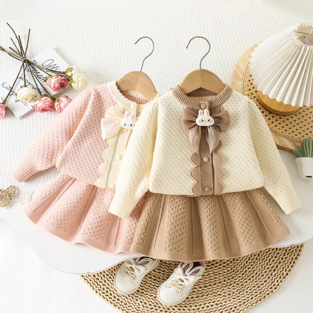

Girls Knitted Clothing Sets Spring Autumn Children Woolen Jersey Sweaters Coats Skirts Princess Dress Suit For Baby Outfits Kids