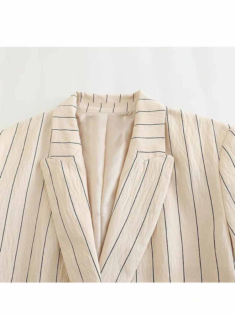 Vintage Autumn Office Women Suit Stripe V Neck Double Breasted Pockets Blazer Straight Loose Pants Fashion 2024 Sets