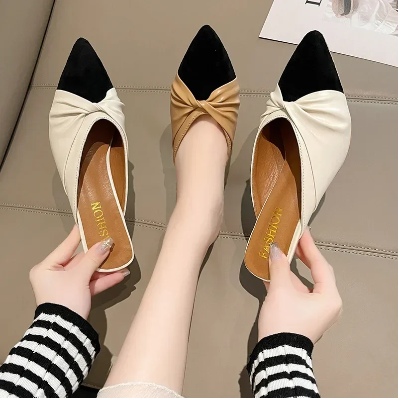 Shoes Woman 2024 Cover Toe Rubber Slippers Med Low Loafers Pantofle Summer New Basic Hoof Heels Rome Fabric PU Slides Shoes Loaf