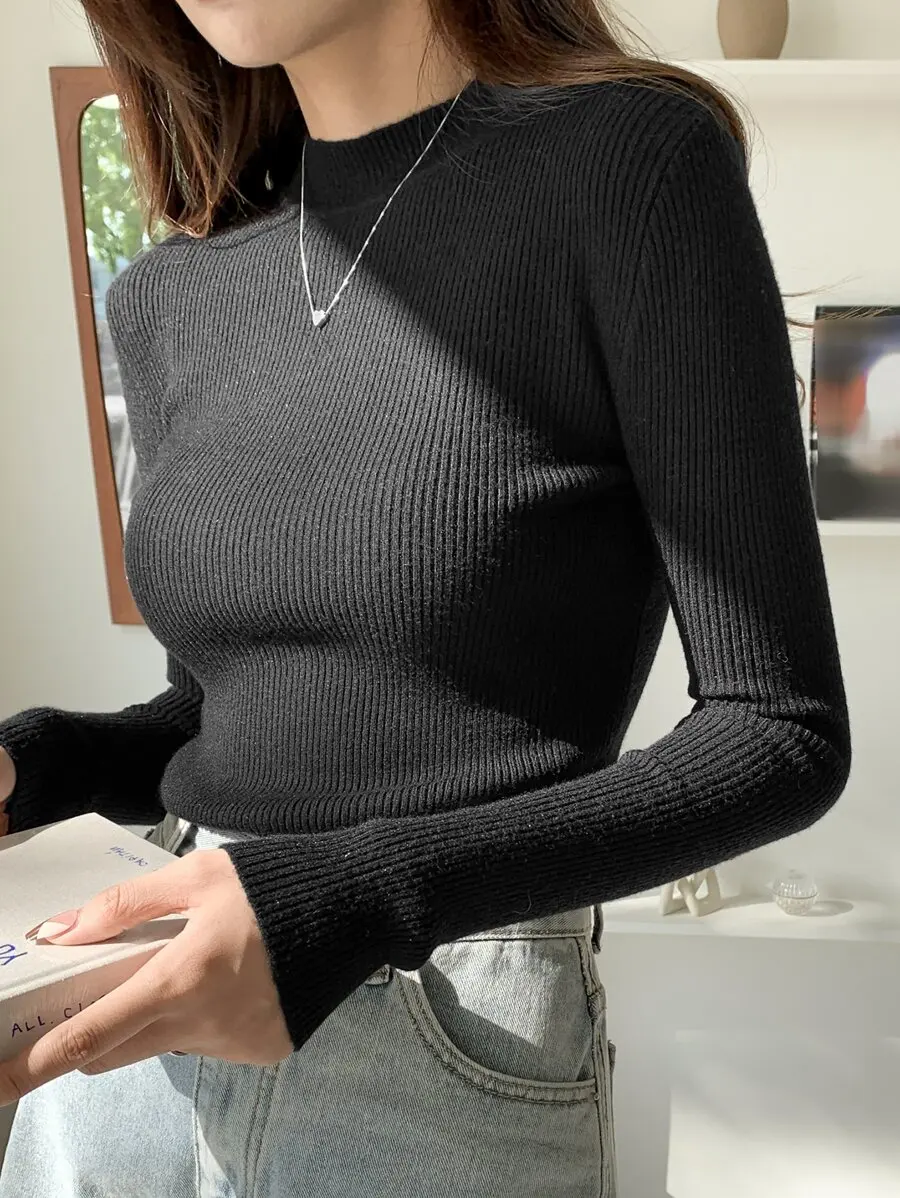 

Черный трикотажный свитер с ребристой вязкой, облегающий, с длинными рукавами, для осени